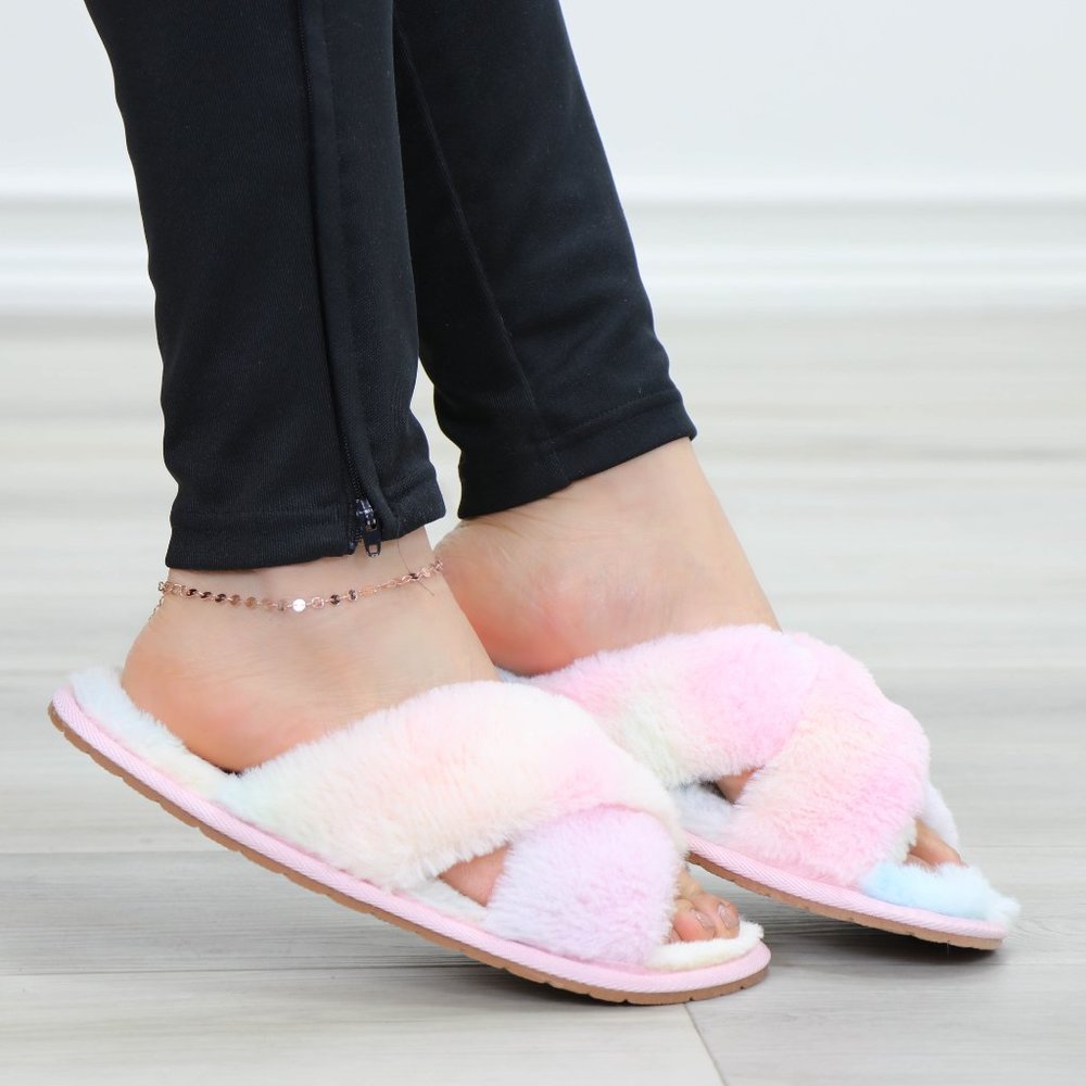 Tie Dye Fuzzy Plush Criss Cross Sandal Sliders - Picture 14 of 16